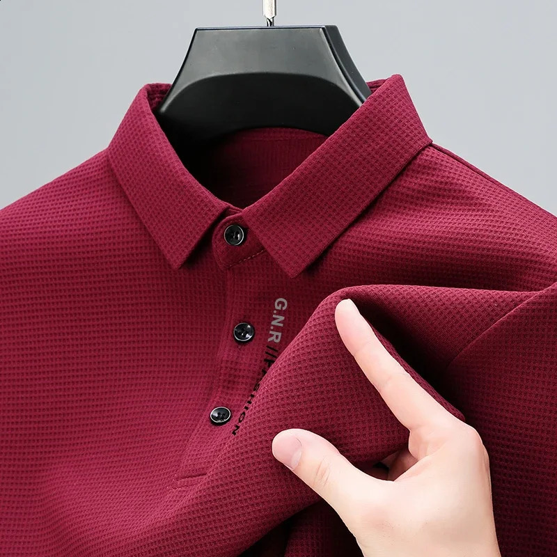Mens Waffle Long Sleeved POLO Shirt with Letter Printed Lapel Casual Top 250319