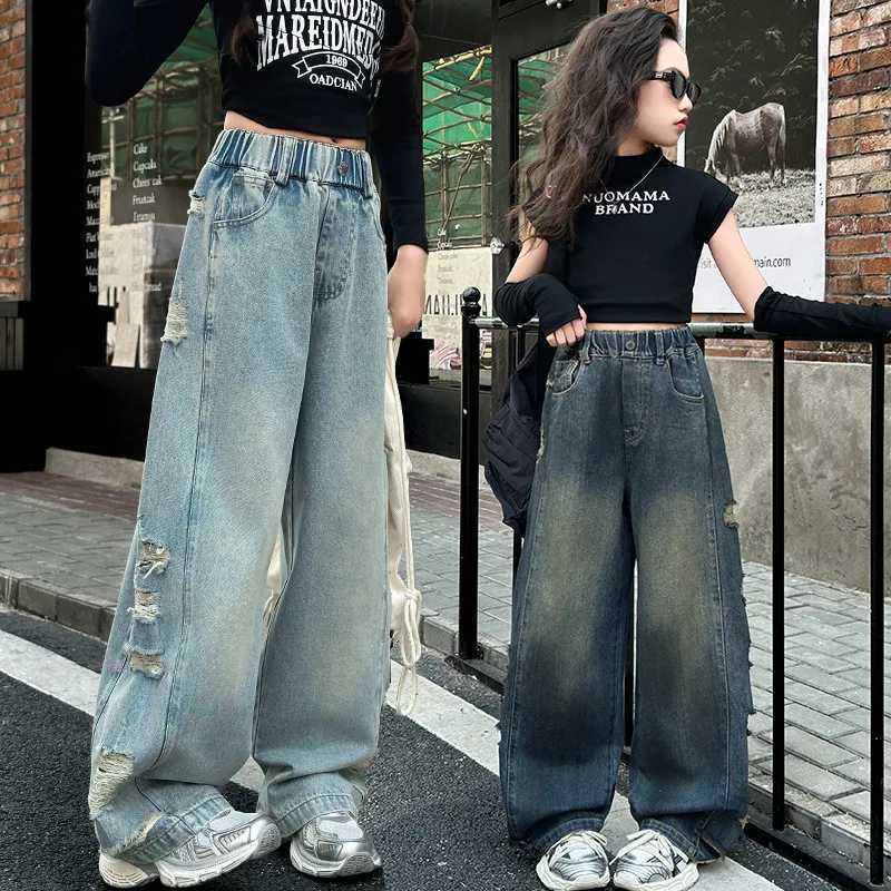 Childrens retro torn jeans suitable for girls fashionable high waisted spring and autumn broken holes wide legs teenagers childrens denim TrouserT2503