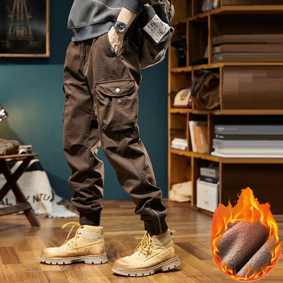 casual pants mens cotton stretch Korean goods Trouser thick wool warm fashion trend runner brown Y2K streetwear 250319