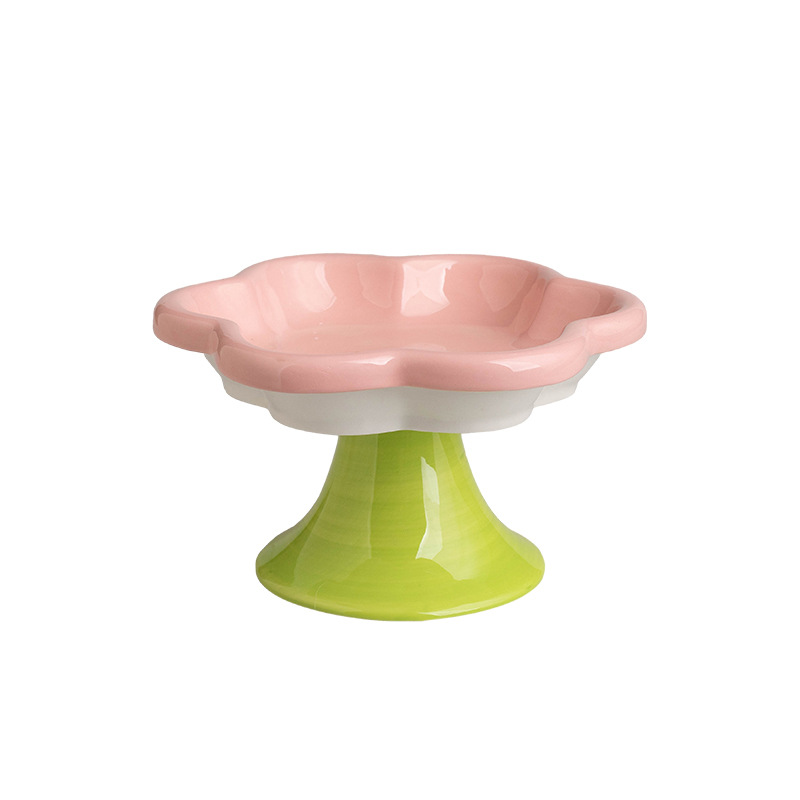 Ceramic Raised Cat Bowl With Flower Design, Elevated Cat Food Bowl Water Plate Snack Dish With Stand For Neck Protection