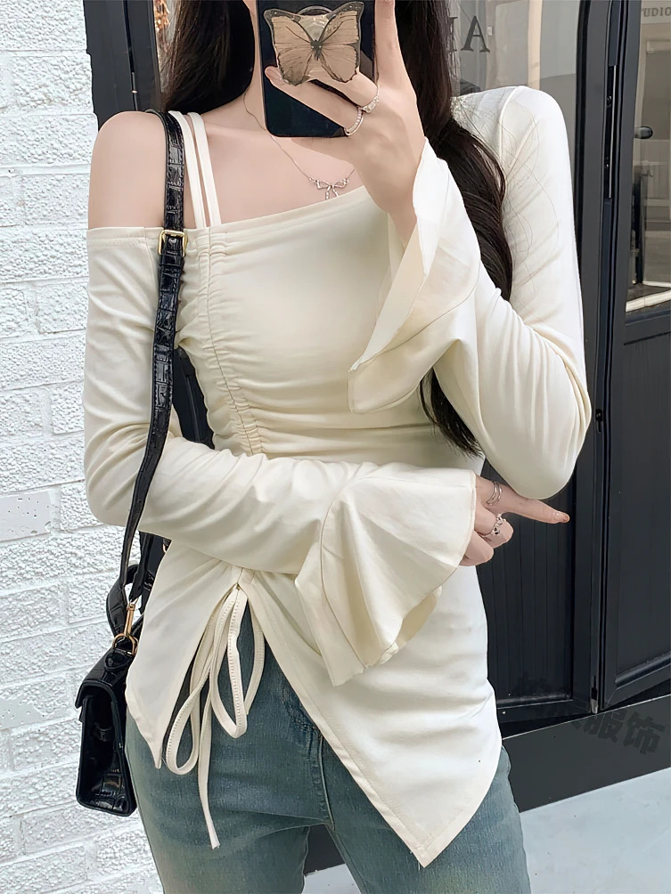 Sweet Sexy Drawstring Ribbon White Off Shoulder Top Women Basic Long Sleeve Body T-Shirt Elegant Flare Sleeve Lady Tees 250320