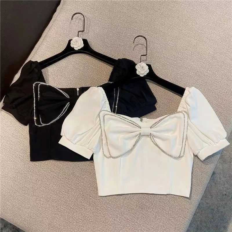 Womens Summer New Korean Puff Shirt Square Collar Bow Fashion Short Top 2024 Sweet Childrens ClothingT250320