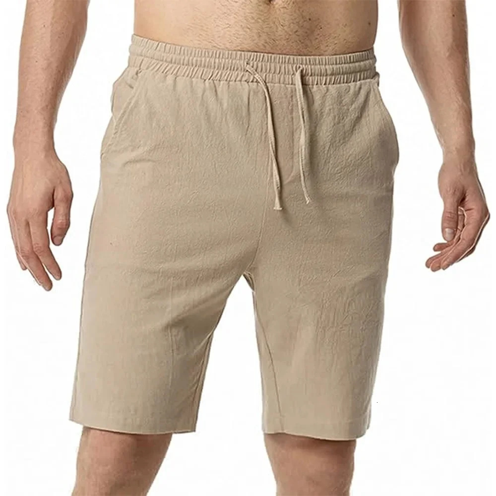 Mens Elastic Waist Solid Color Hawaiian Shorts Casual Cotton Linen Short Pants Men Shorts Breathable Sweatpants Male Bottoms 250320