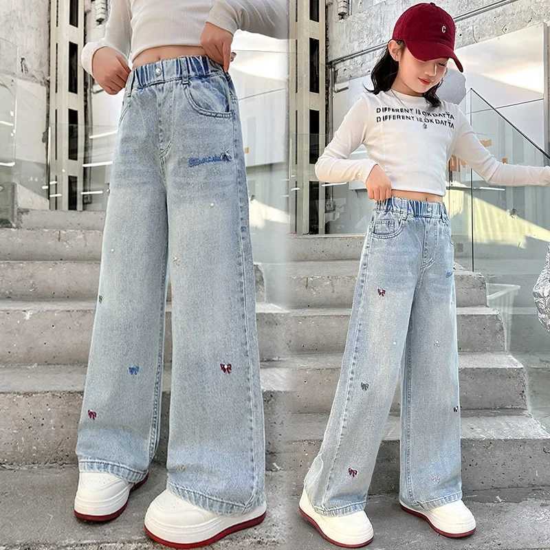 Teenage Girls Embroidered Bow Nail Bead Jeans Street Clothing Childrens Y2k Hip Hop High Waist Straight Loose Jeans Trouser 4-14T250326