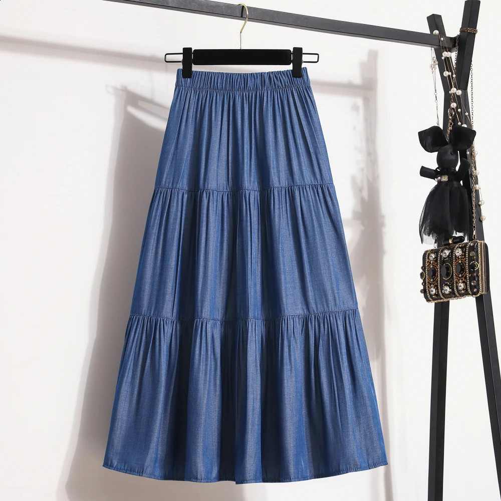 Womens spliced denim color splicing A-line ski rope large swing long thin skiing 250317