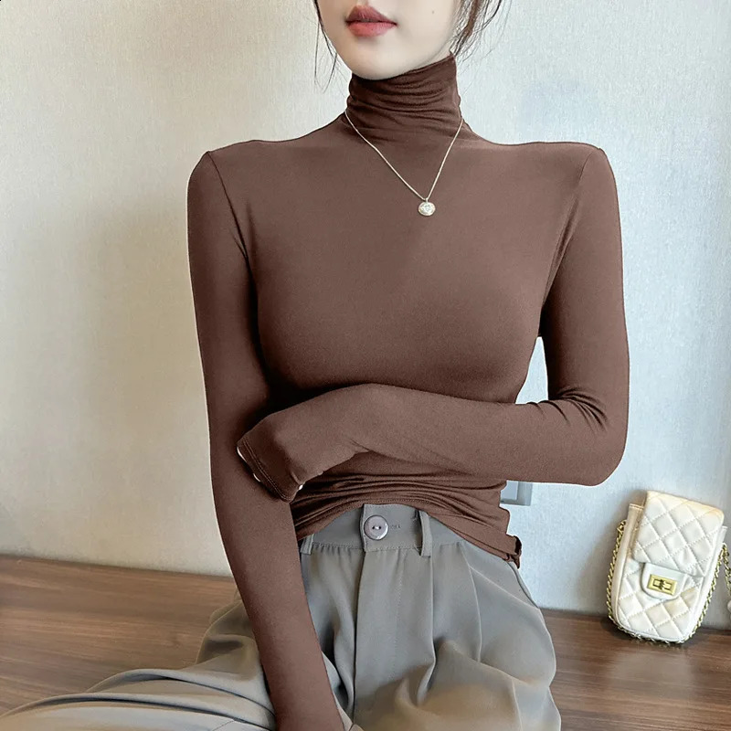 Wxw3624 long sleeved womens solid color turtle neck T-shirt with ultra-thin Korean black and white gray brown T-shirt pattern for women 250314