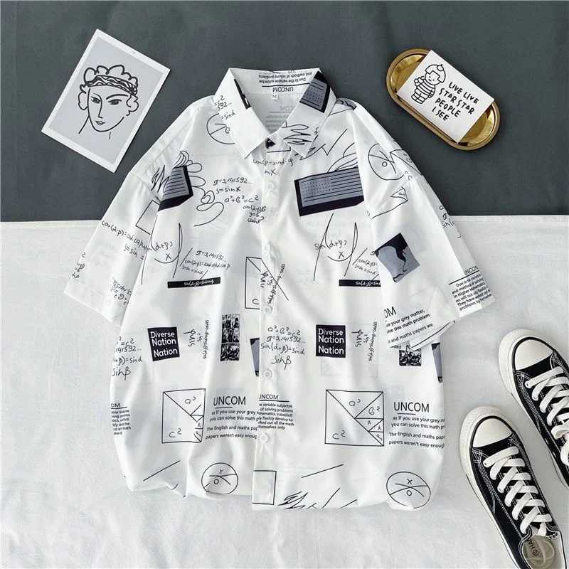 Mens street fashion summer daily shirt Hawaiian cartoon print casual loose shirt short sleeved beach loose top M250318