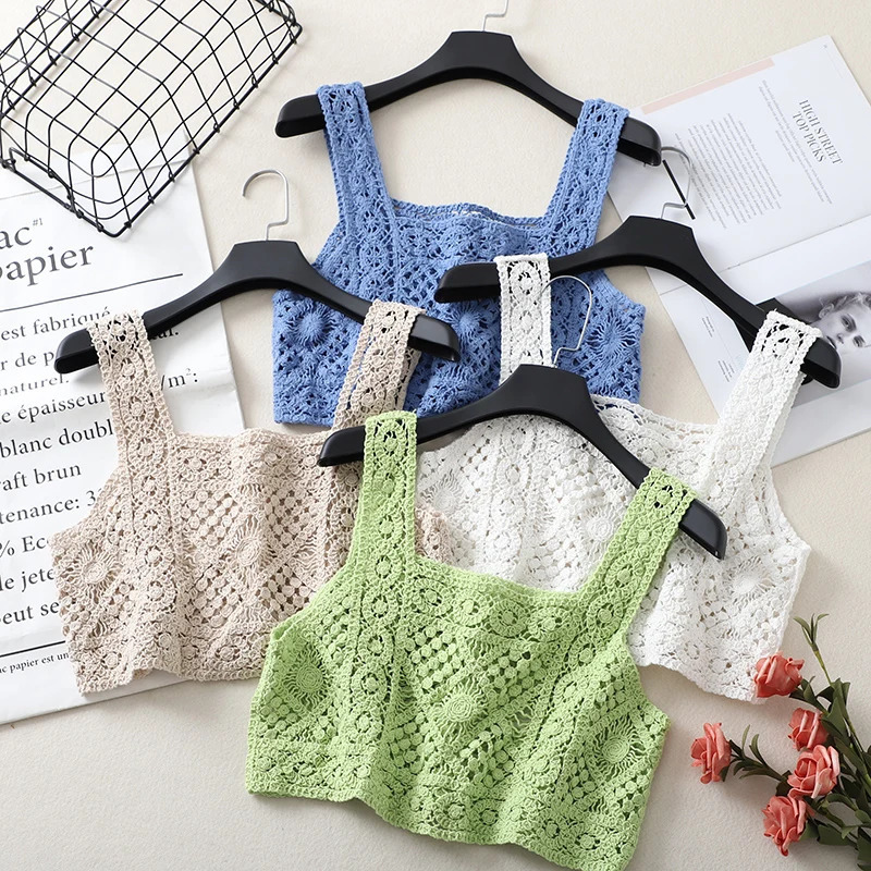 Square Collar Cotton Crochet Tank Top Sexy Knitted Hollow Out Mesh Vest Crop Top Women Femme Vintage Backless Short Tops Female 250320