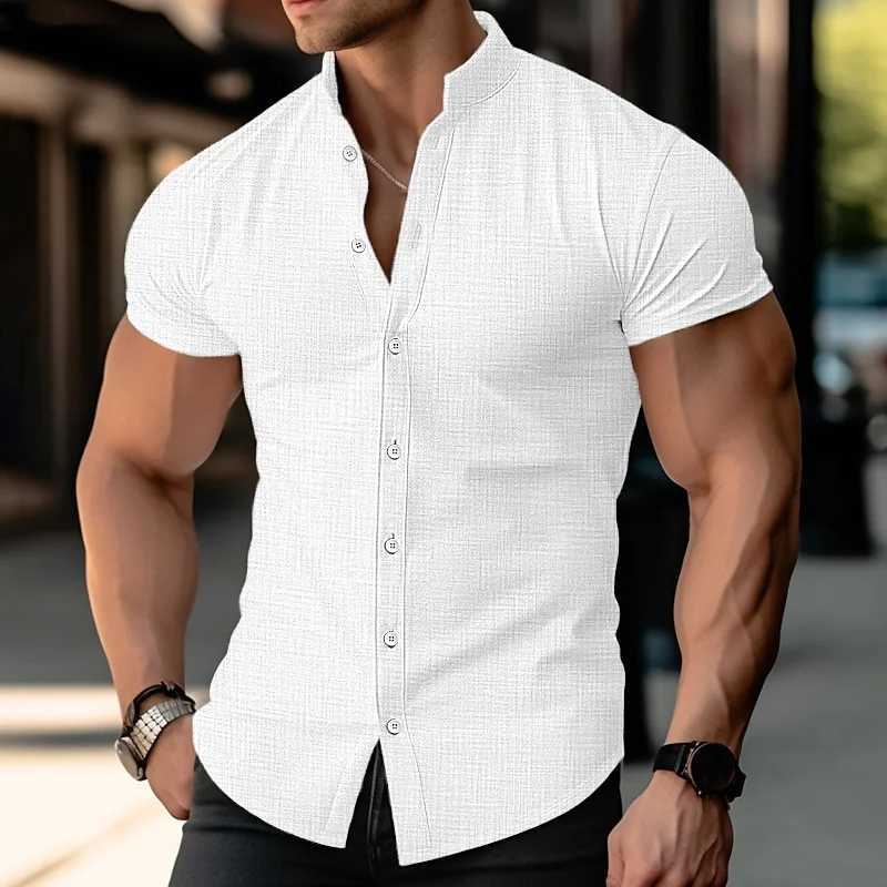 Linen mens short sleeved shirt in blue white black and pink lightweight and breathable Hawaiian seaside mens fashion top plus size M250320