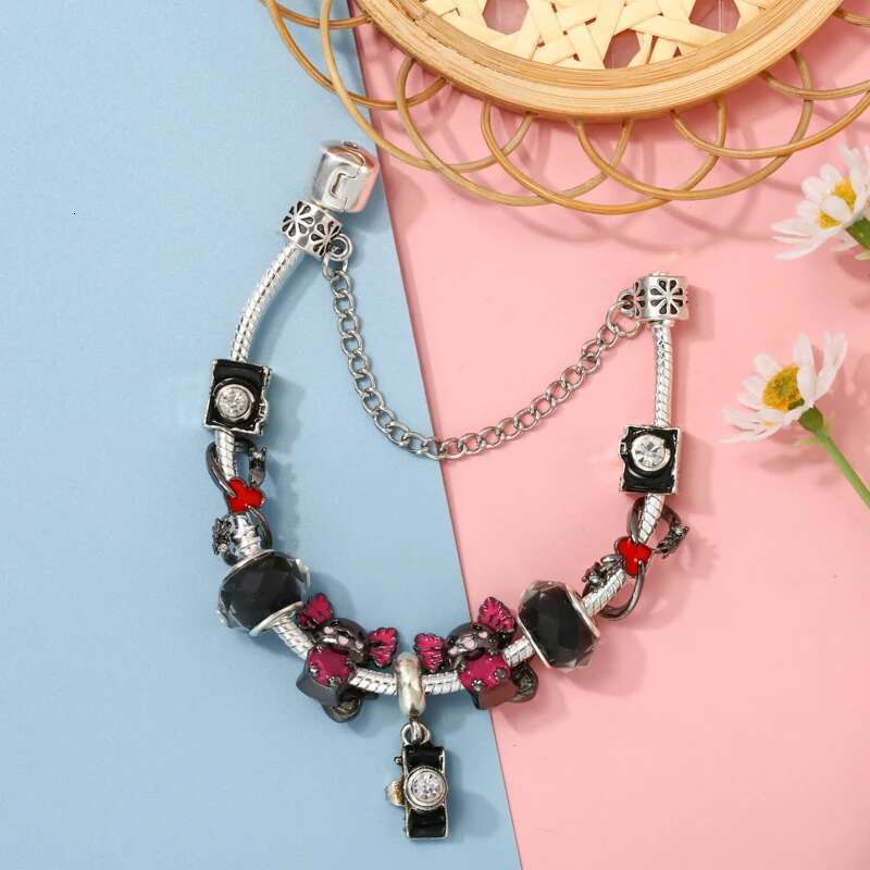Silver Plated Black Charm Bracelet With Classics Camera Beads Bracelets Bangles For Women Men Girlfriend DIY Jewelry Gift