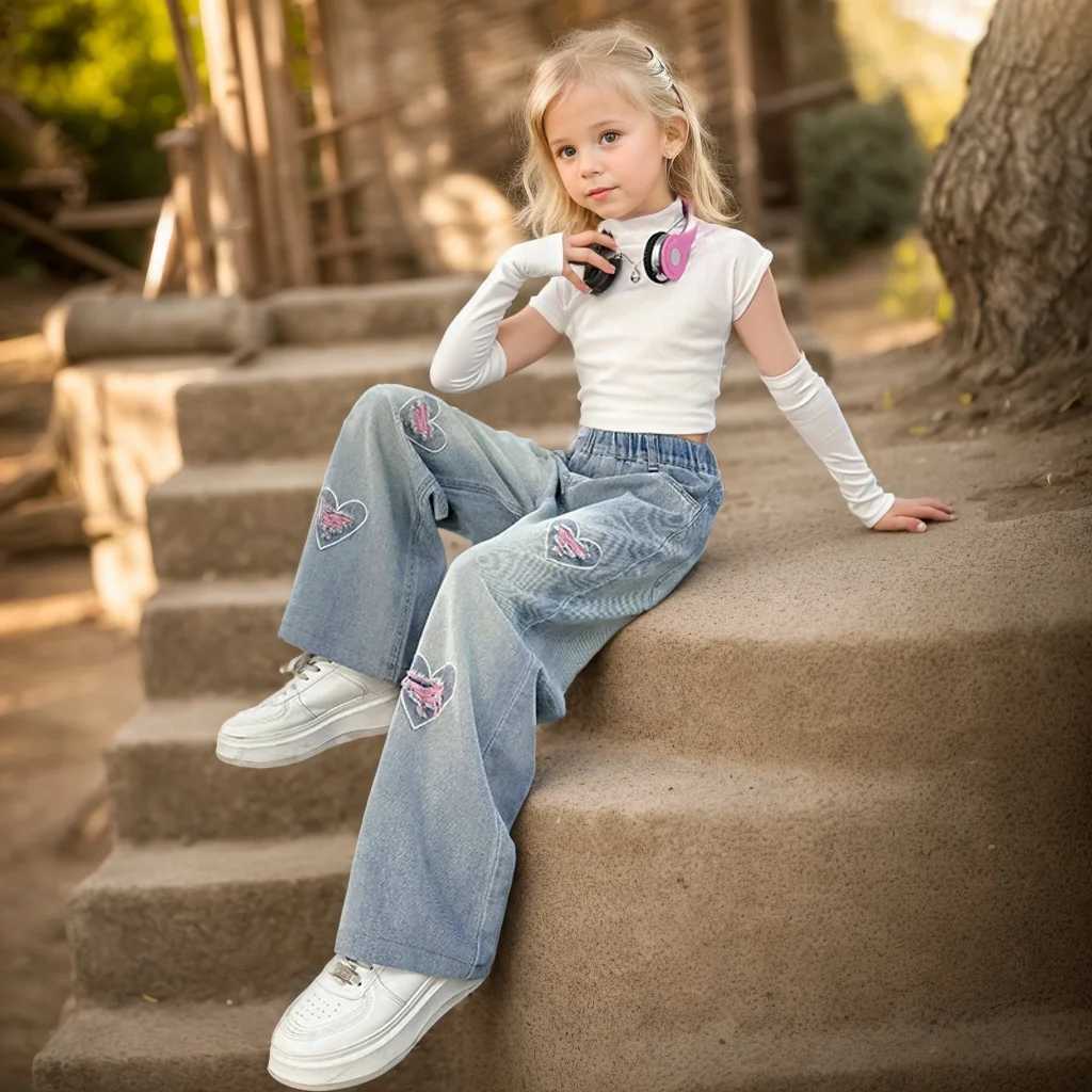 Girls love cut hole ripped jeans in spring and autumn new products fashionable and versatile medium and large childrens widT250326