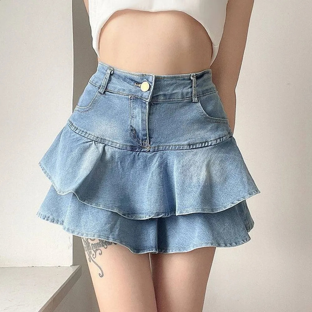 Retro denim tight shorts for womens summer Korean fashion high waisted A-line washed blue ultra-thin cute and sexy mini jeans with ruffled leather for