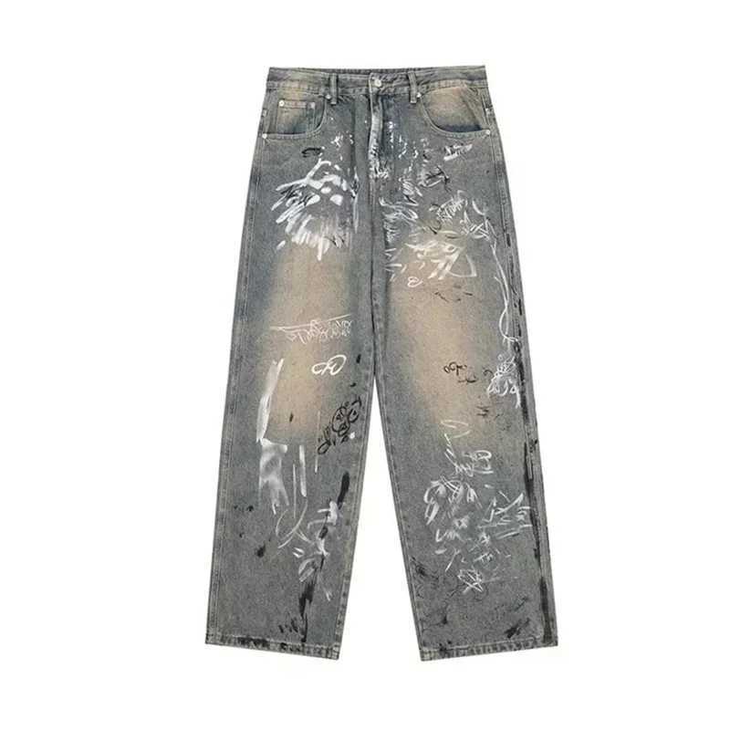 New graffiti printed mens luggage jeans Y2K retro Distressed blue Harajuku jeans High Street straight leg jeansT250319