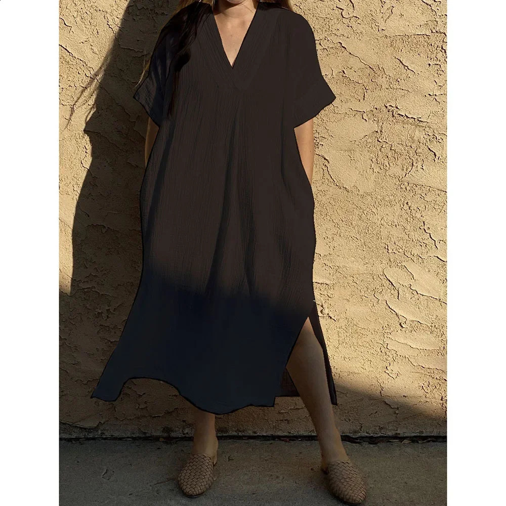 Beach Cover-ups for Women Solid Color Sexy V-neck Short Sleeve Loose Long Robe Dress Sun Protection Beachwear PZMZ09 250319