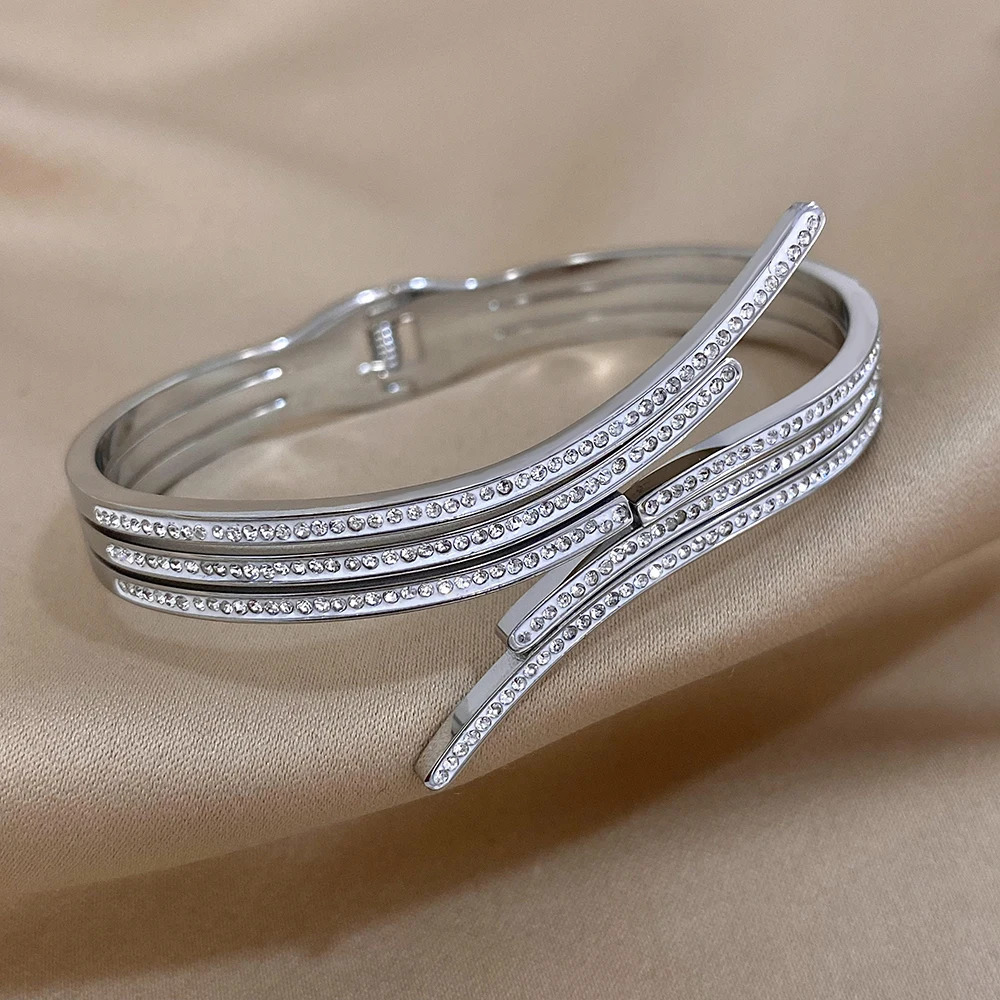 Greatera Rhinestone Charm Stainless Steel Bangles Cuff Bracelet for Women Geometric Irregular Gold Plated Party Jewelry 250320