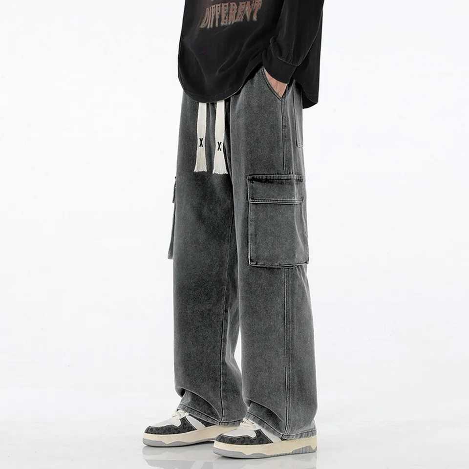 Retro Y2K pocket jeans mens American streetwear straight denim cargo pants solid wash elastic waist PantalonesT250319