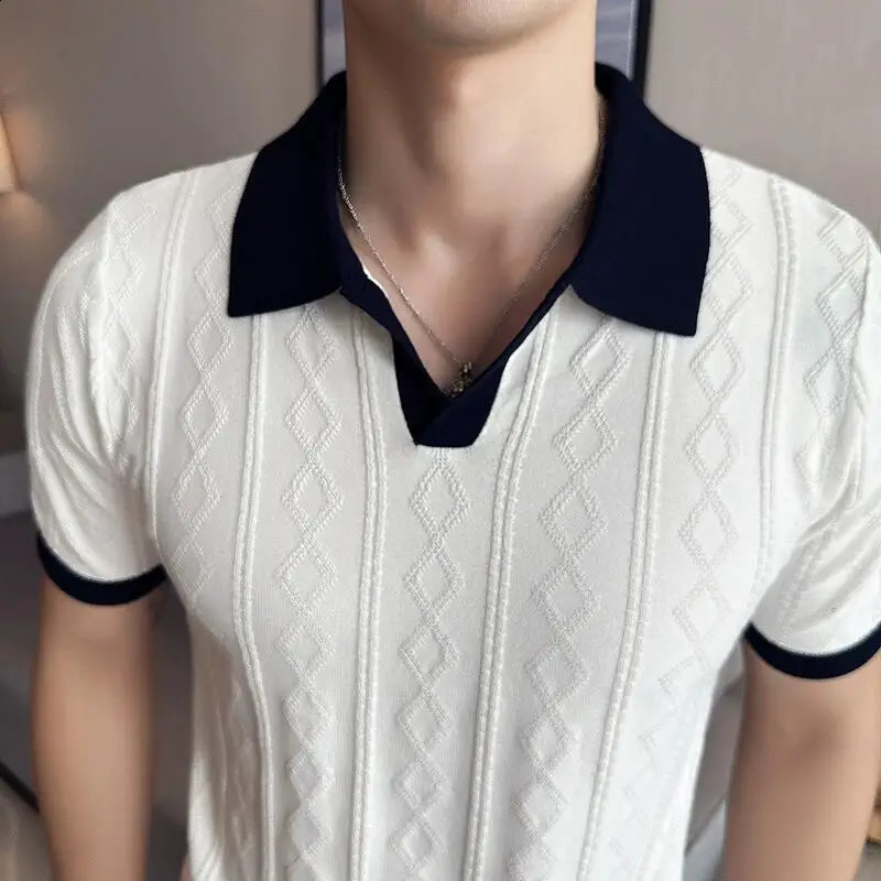 Summer Stripe Jacquard Short Sleeved Knitted Polo Shirt Mens V-neck Contrast Color Slim Fit Casual Business Tee shirt Tops 3XL 250317