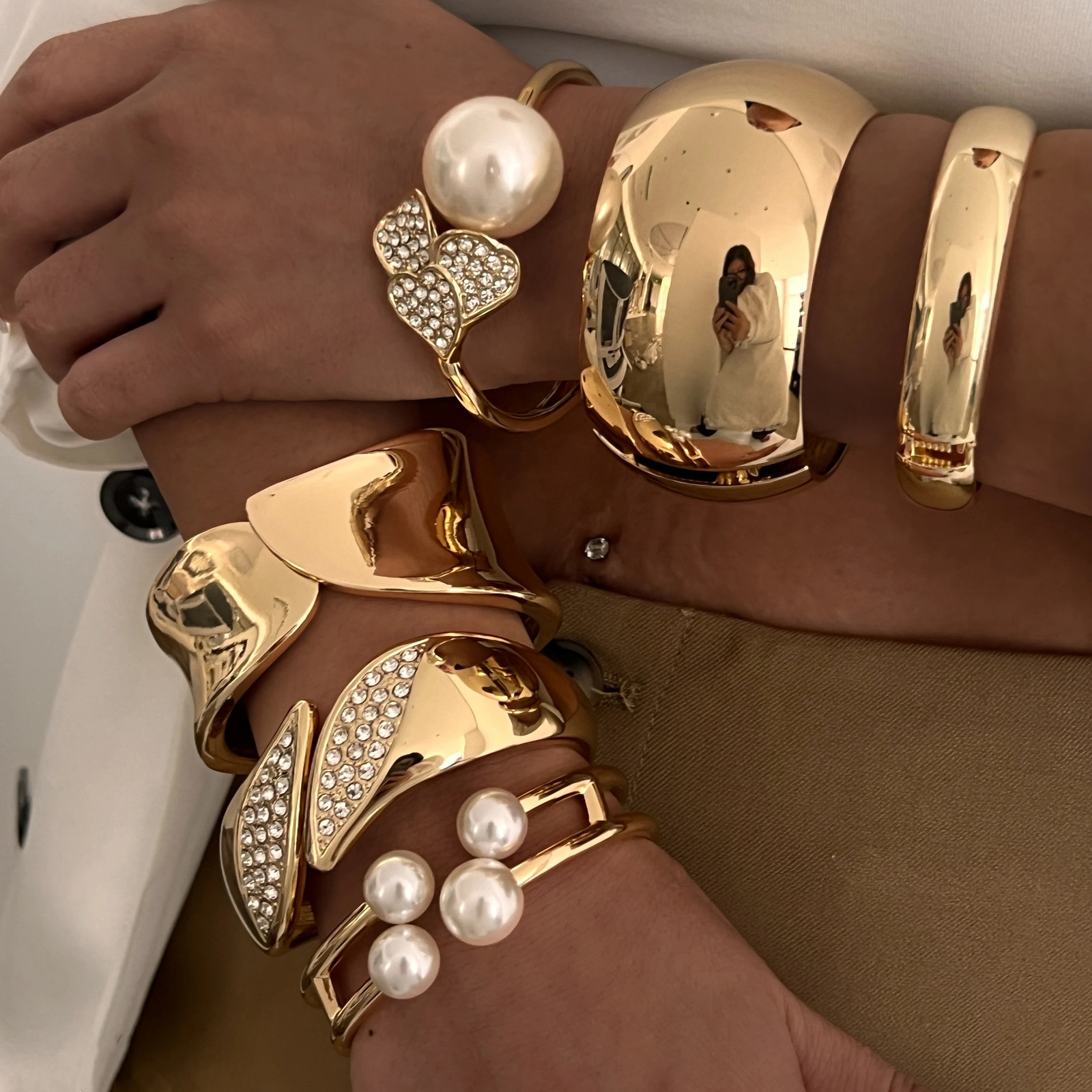 Ingemark 6 Styles Vintage Hip Hop Pearl Beads Open Cuff Bangles Women Punk Gold Color Rhinestone Bracelet Men Jewelry 250320