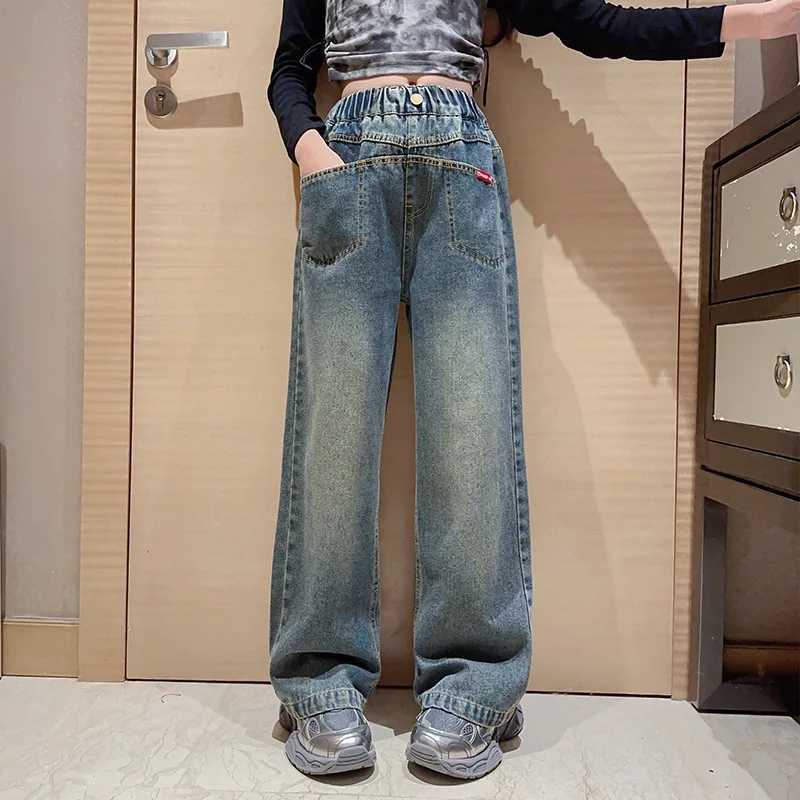 Girls wide leg jeans spring new childrens straight denim pants loose buttonsT250326
