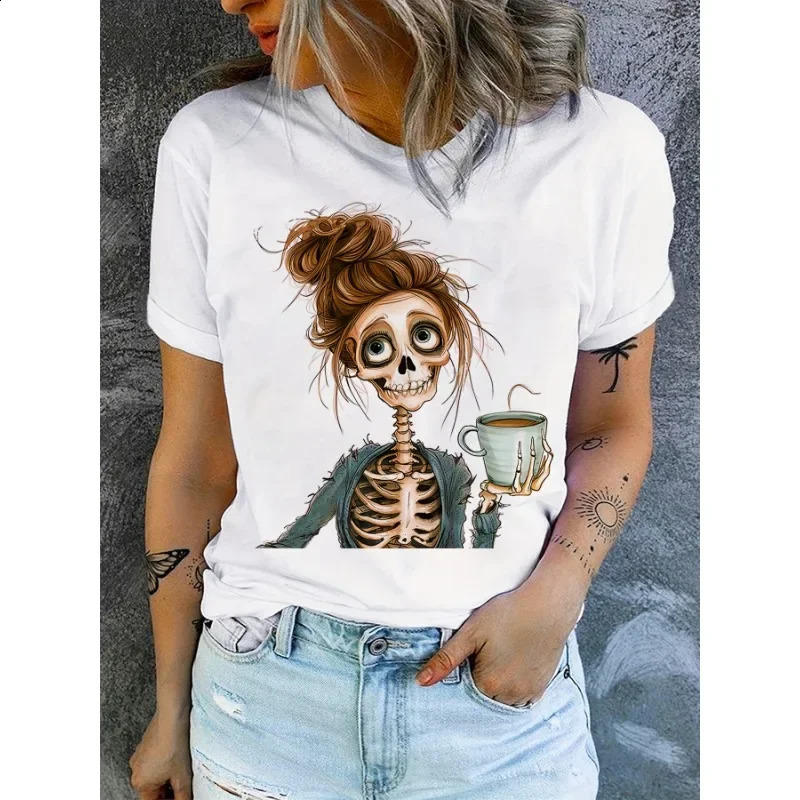 Vibrant Skull Girl Graphic Print Crew Neck TShirt Soft Breathable Short Sleeve Tee Womens Fashion Clothing for Everyday Wear 250311