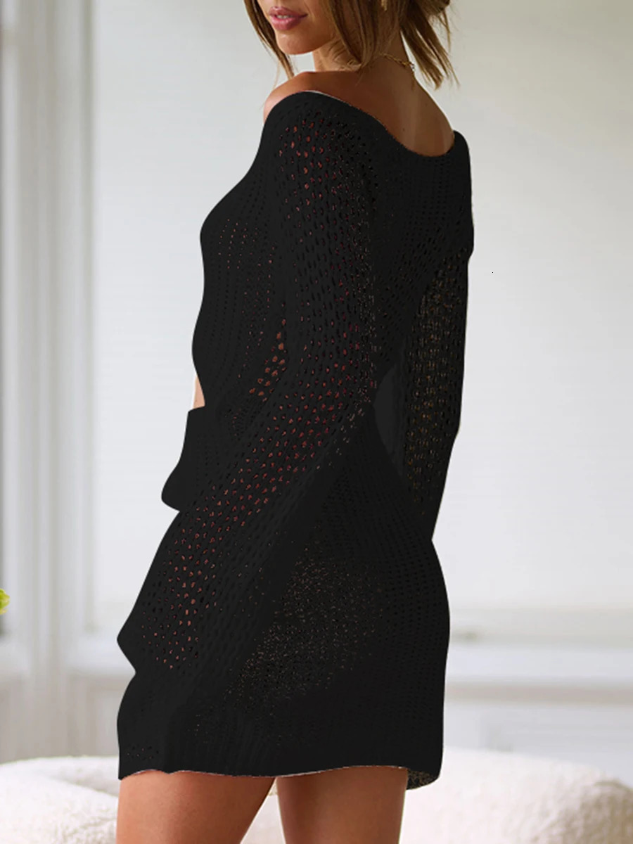 Mesh Crochet Long Beach Shirt Women Solid Cover Up Ladies Long Sleeve Hollow Out Sexy Beachwear Bathers Swim Bathing Suit 250320