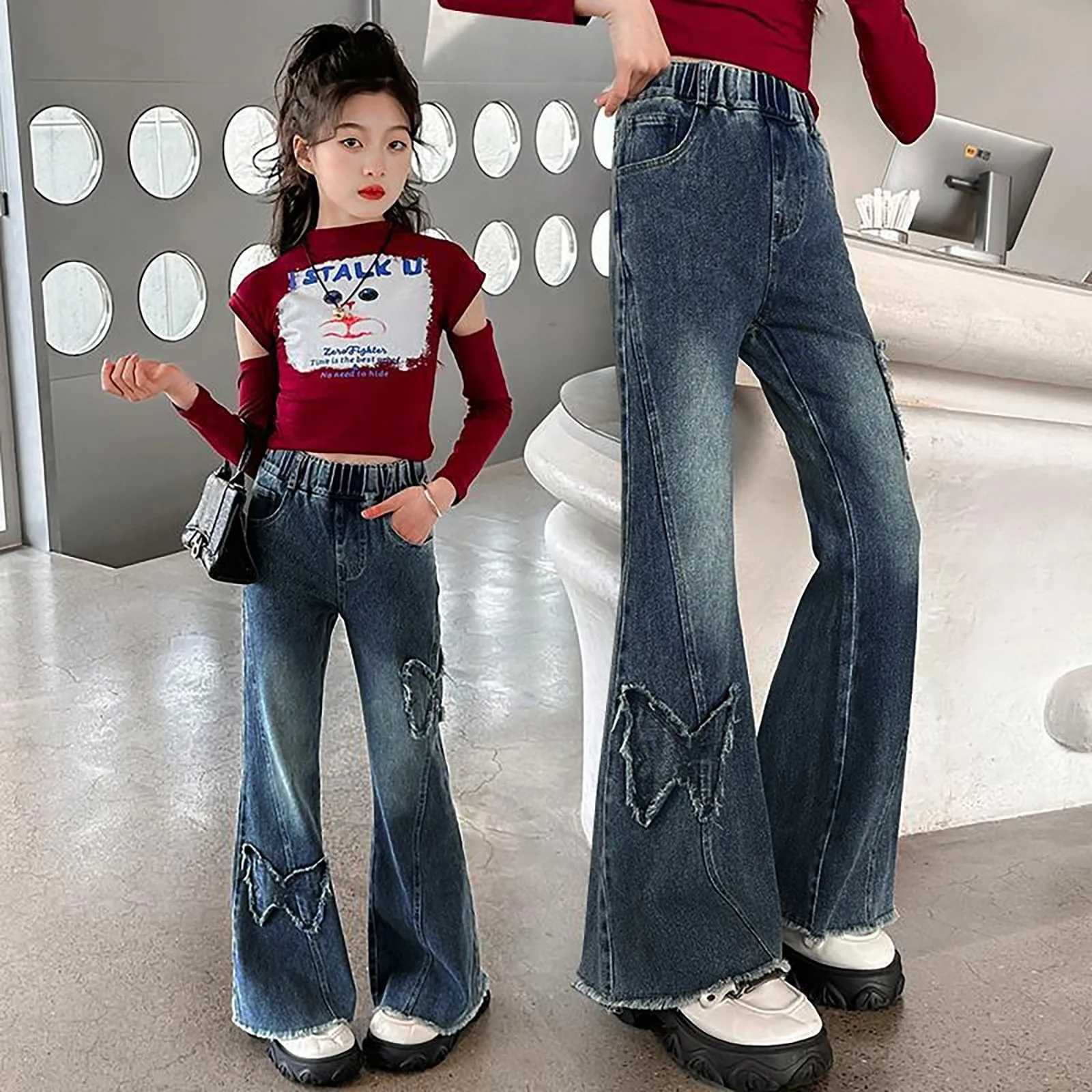 Big girl knitted girl flash jeans hem star print bell bottom retro jeans denim jeans solid color jeansT250326