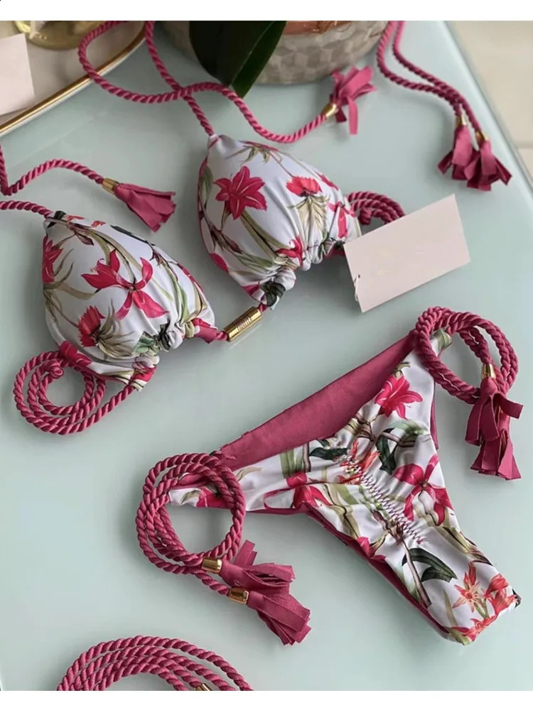 Plant printed woven rope bikini set womens swimsuit sexy low waist twopiece beach wear 2023 250319