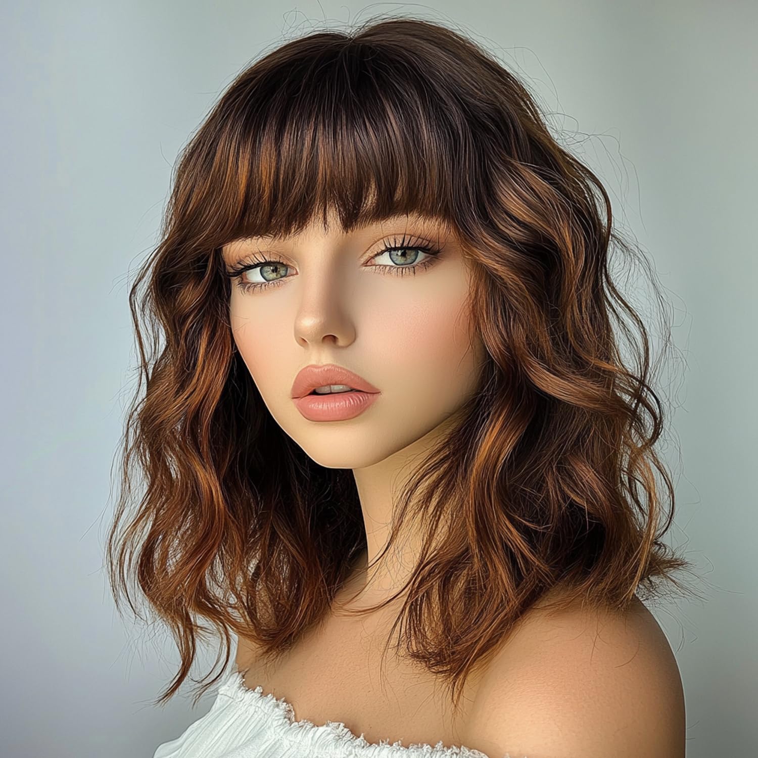 Blonde Highlight Wigs with Bangs for Women Synthetic 16inch Medium Length Wigs with Natural Long Wave Fringe Bang wig Heat Resistant Hair for Daily Pa