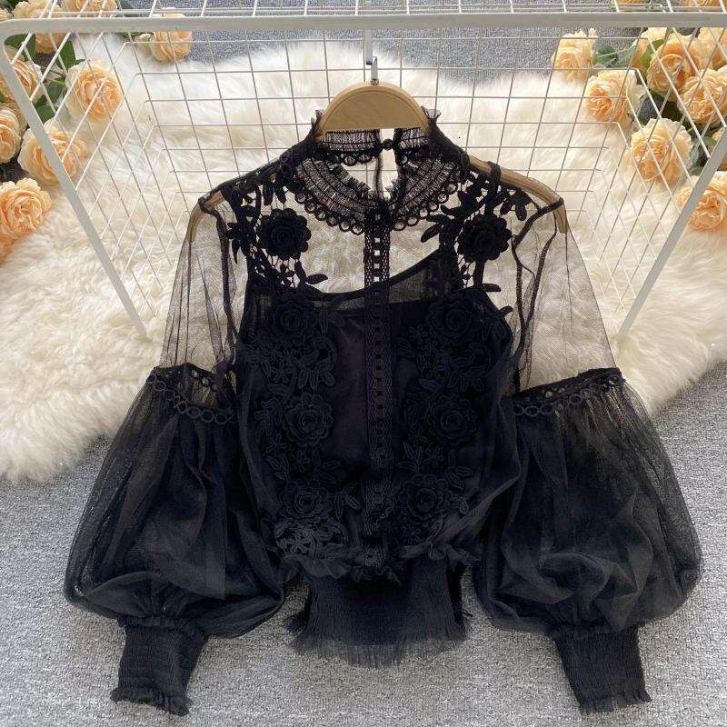 Men Croptop Mens Clothes Tshirt Design Sense Three-dimensional Flower Collage Perspective Mesh Lantern Sleeve Slim Fit Crop Top Womens Lace Bottom Shi