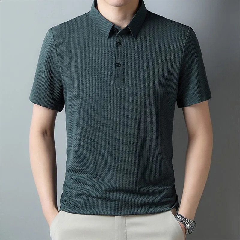Summer Mens Short sleeved Polo Shirt High Quality Ice Silk Breathable Business Fashion T-shirt High Elastic Soft Polo Shirt 250319