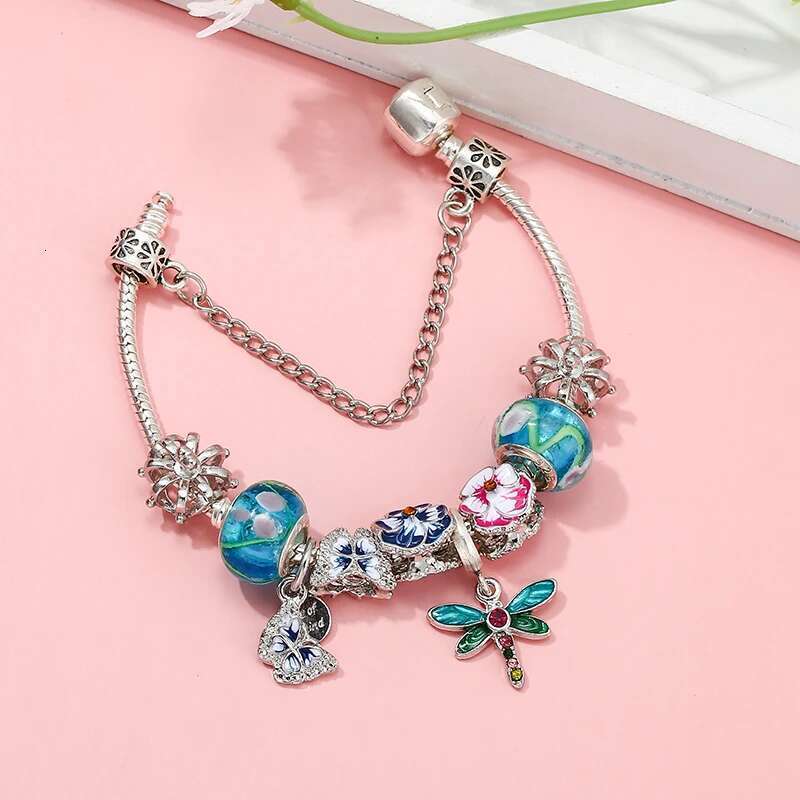 Cute Butterfly Dragoy Pendant Charm Bracelets With Pansy Beads Bracelet Bangles For Women Men Girls Jewelry Gift Dropshipping