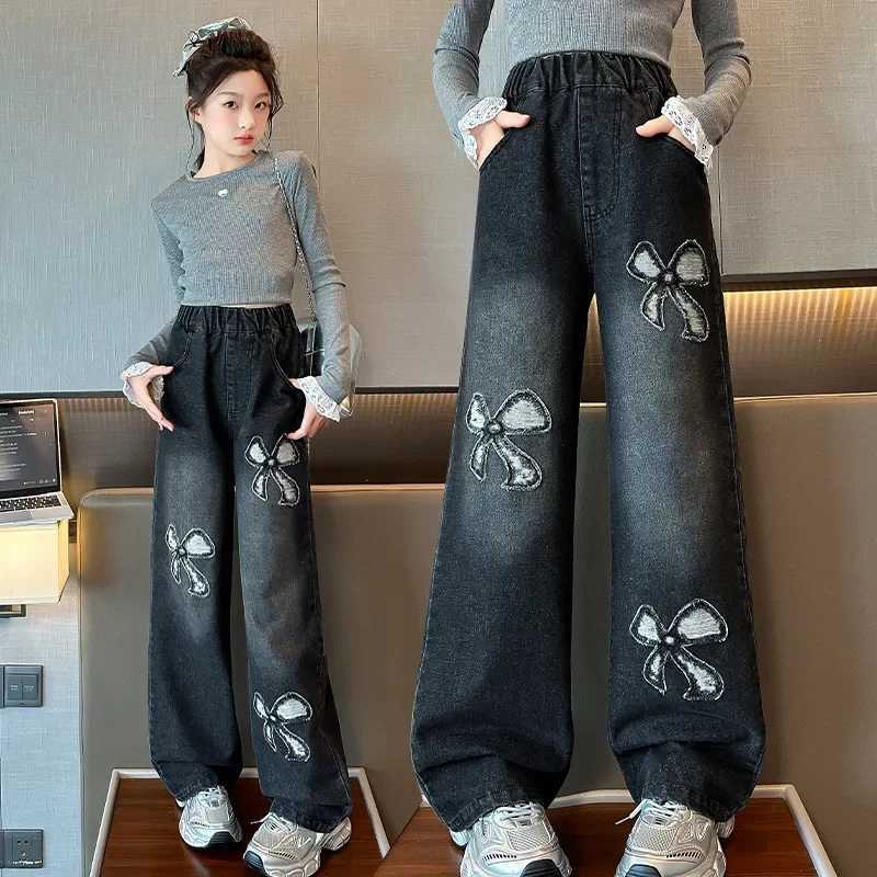 Girls Jeans New Childrens Spring and Autumn Butterfly Embroidered Straight Wide-leg Trousers Kids Denim Pants for TeenagersT250326