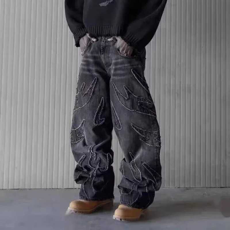 Street Gothic Retro High Waist Wide Leg Trousers 2025 Y2k Hip Hop Luggage Jeans Mens Street Fashion Primitive Edge Embroidered JeansT250319