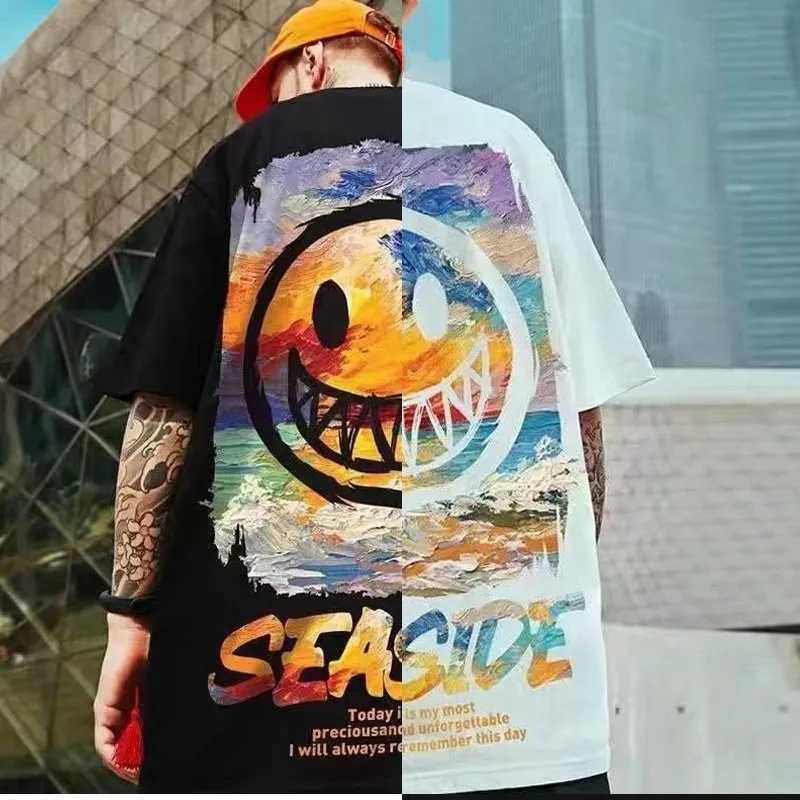 8XL loose fit trend American retro graffiti Expressi pattern printed T-shirt with soft casual mens casual couple outfitT250319