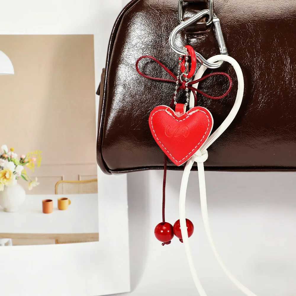 Y2k Leather Rope Keychain Cherry Bow Cute Pericardium Pendant 3D Creative Cartoon Keychain Anti Loss Phone Hanging RopeXJ250319