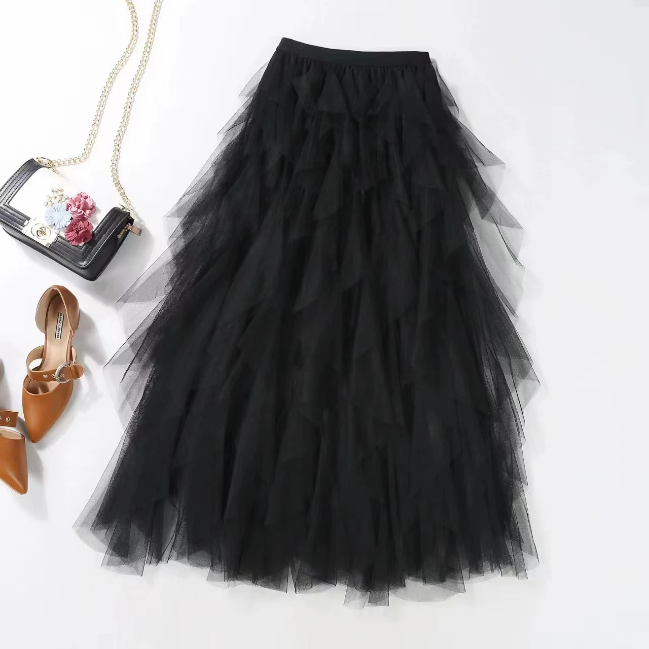 Womens Half Length Skirt Irregular Mesh High Waisted Versatile Slimming A-line Fluffy Gauze Medium Length Half Length Skirt 250320