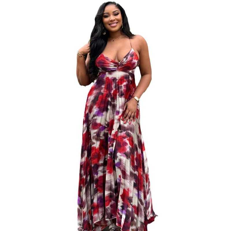 Printed pleated camisole long dress, plus size sexy dress for women 250315