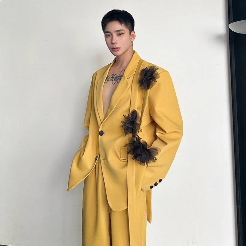 IEFB Niche Mens Two-piece Ribbon Mesh Floral Single Breasted Blazer Contrast Color Straight Wide Leg Suit Pants 9C8190 250314