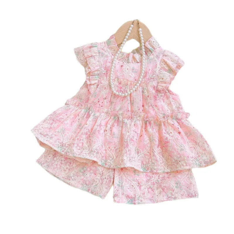 Summer Baby Girl 2PCS Clothing Set Sweet Lace Printed Sleeveless ShirtShorts Belle Elastic Wiast Shorts Kid 250319