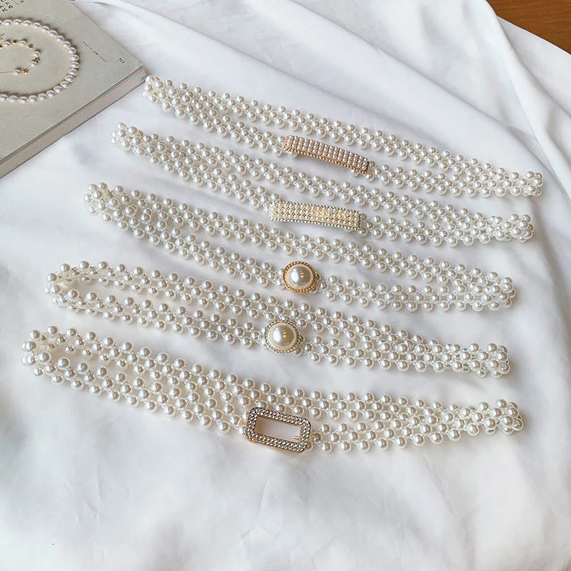 Large Pearl Waist Chain Womens Elastic Belt with Diamond Decoration All-match Skirt Fashion Casual Girdle Gothic 250320