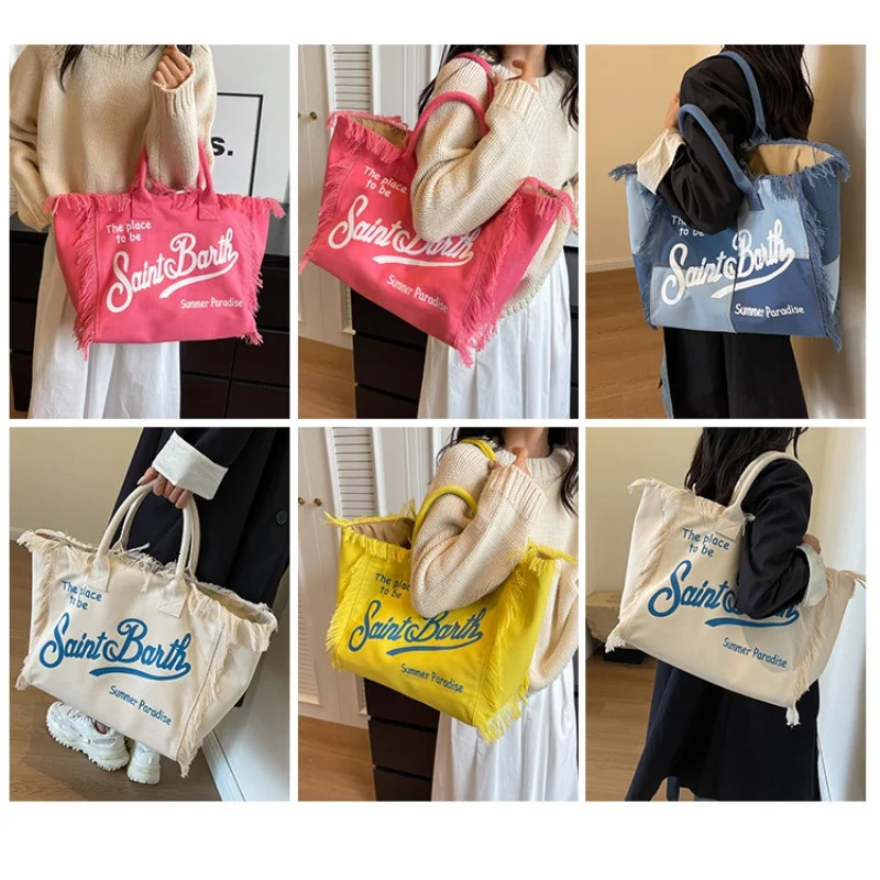 Summer Selling Canvas Solid Color Womens Bag Large Capacity Printed Letter Tassel Splicing High-quality Handbag 250314