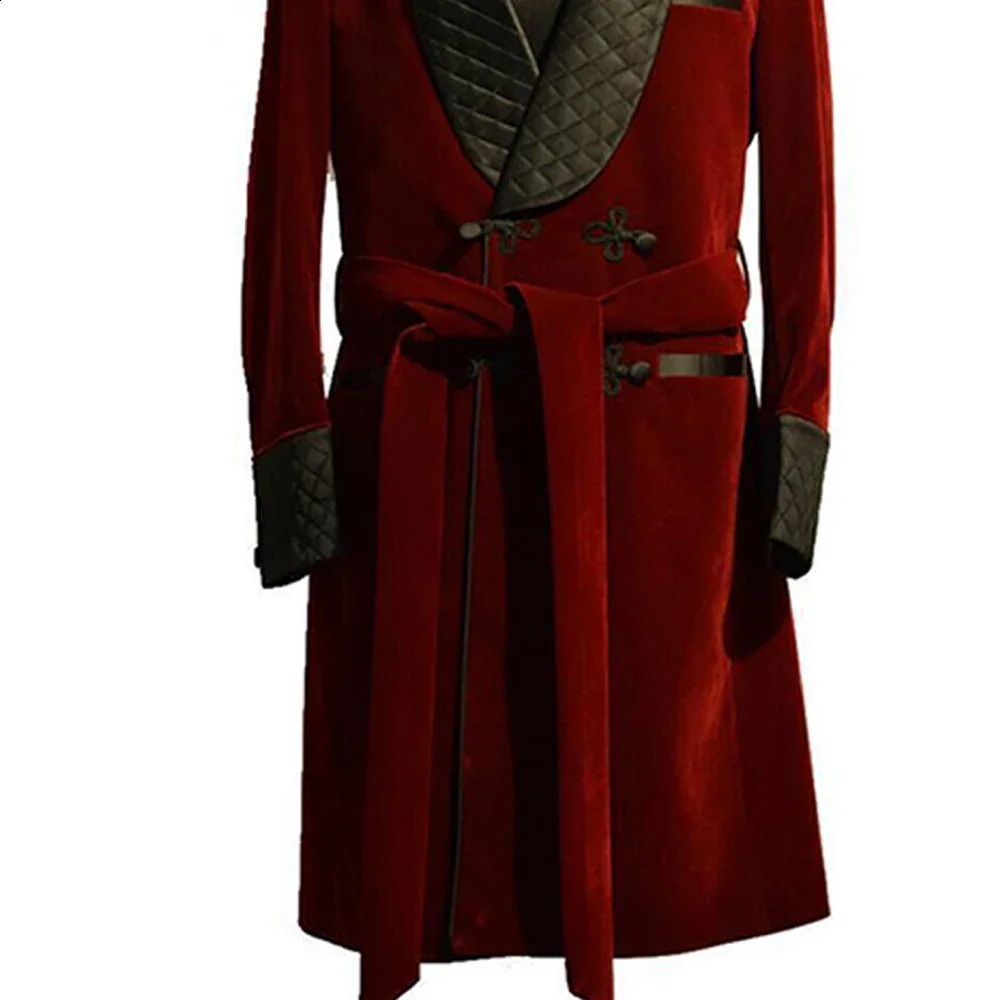 Burgundy Velvet Mens Long Jacket Black Shawl Lapel Double Breasted Smoking Coat Male Casual Clothing Blazer 250311