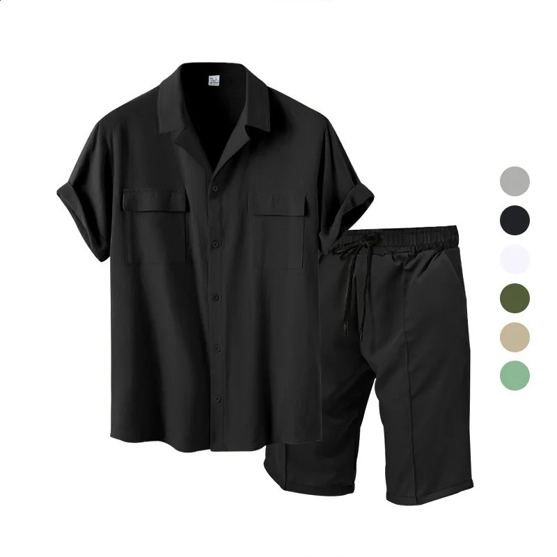 Casual Fashion Mens Suit Summer Beach Style Solid Color Mens Shirt Short Sleeve and Shorts Two-Piece Set Mens Clothing 250314