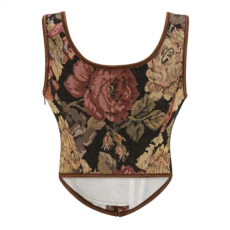 Vintage Gothic Women Corsets Lace Up Zip Floral Prints Corset Tank Top Sexy Waist Trainer Body Shaper Shapewear Slimming Vest 250319
