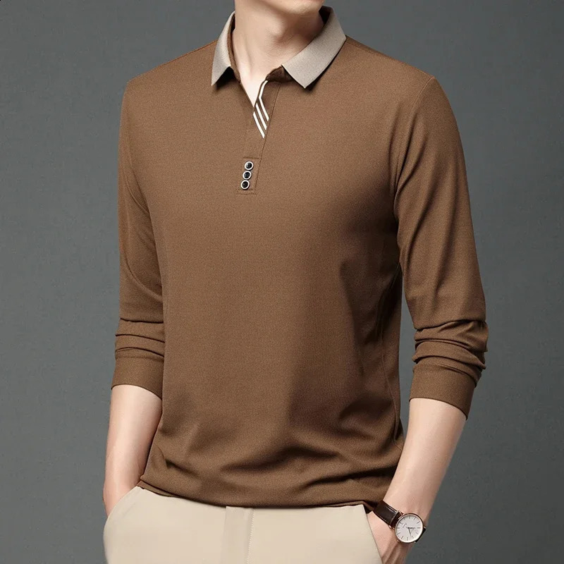 Mens business casual long sleeved solid color polo shirt fashionable breathable and comfortable Versatile top 250318