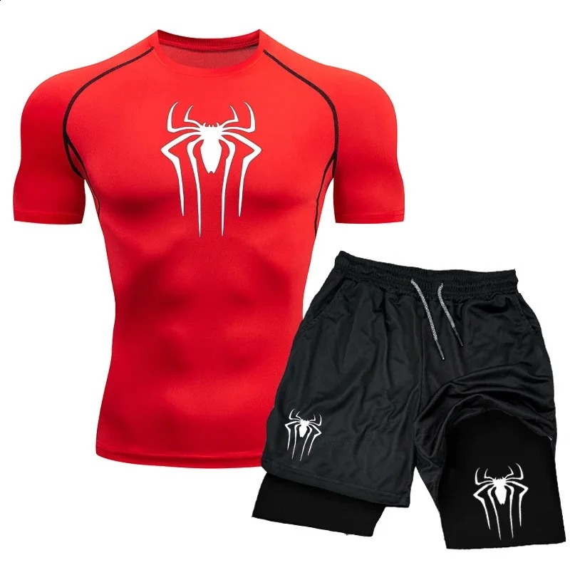 Compression Set Spider Print Sportwear for Men Quick Dry GYM ShortsShirt 2PCS Quick Dry Short Sleeve Trainning Sport Suit 250319