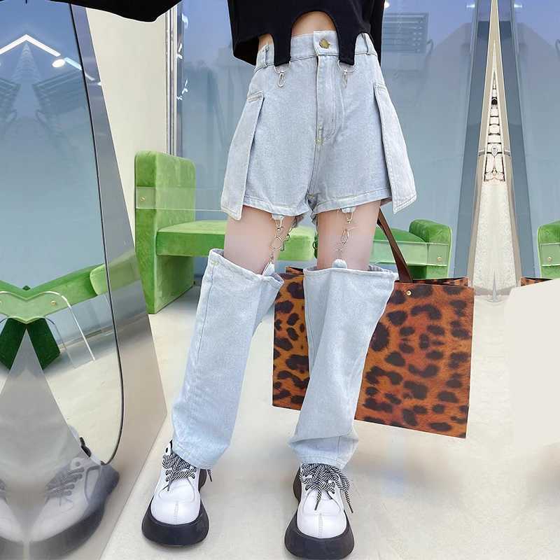 Fashionable Childrens Jeans Teens Girls Pants Hip Hop Hooks Split Jeans Shorts Spring Summer Kids Trousers Trend Wide-Leg JeansT250326