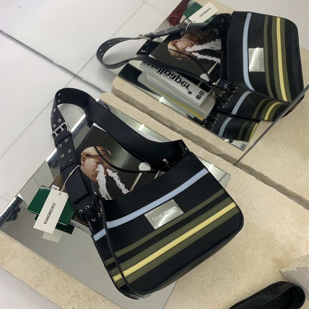 Thai Niche Striped Soft Leather Bag, Women's Trendy Casual Versatile, Large Capacity Contrasting Color Single Shoulder Hand-Held Tote Bag
