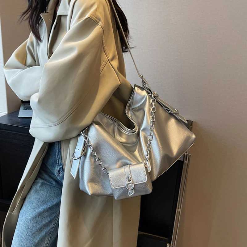 Luxury Designer Bag for Women Fashion Shopping Bag PU Lether Top-Handle Handbag Large Capacity Silver With Mini Purse Y250319