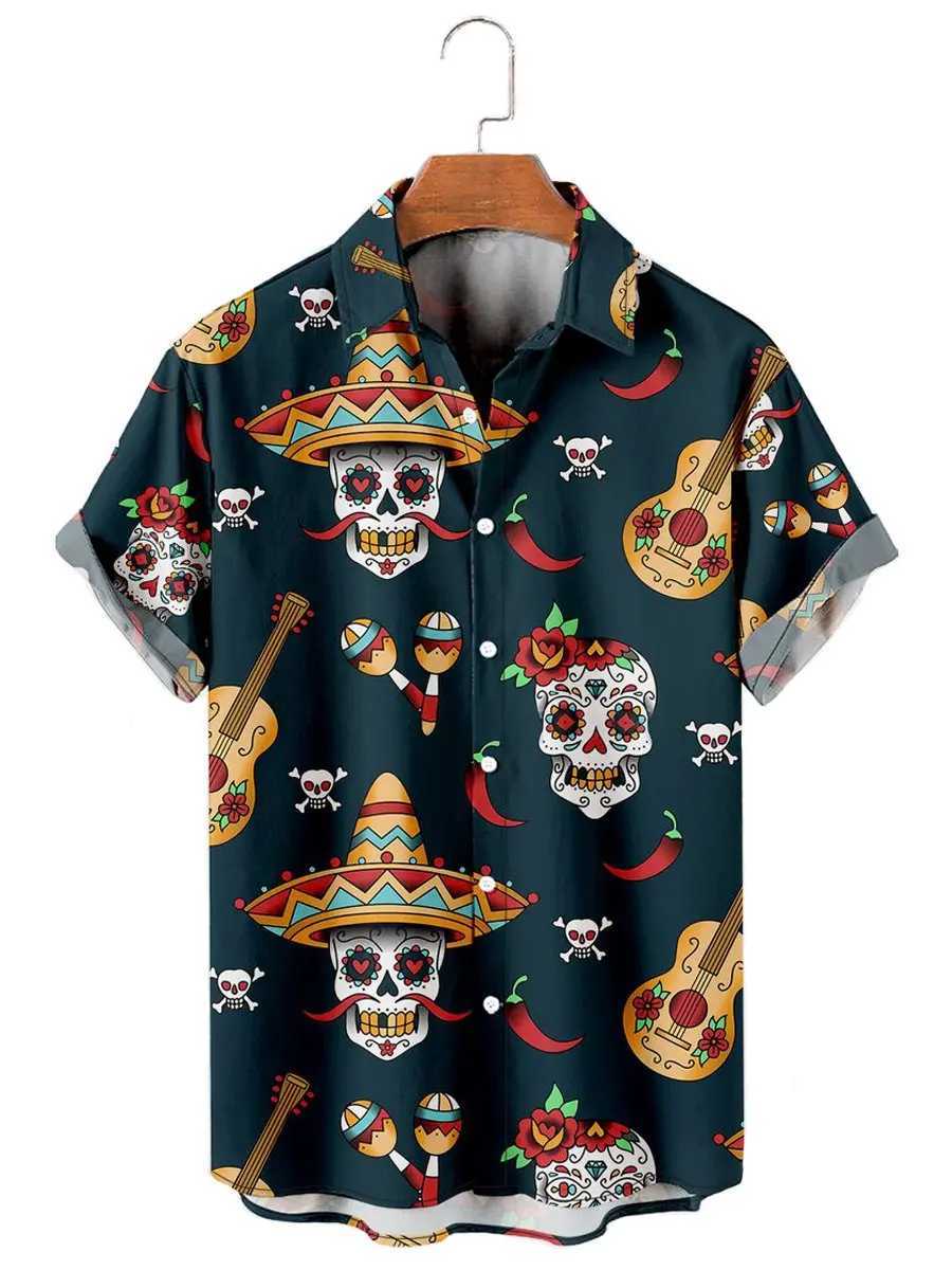 Fashion Skull Floral Mens Shirts Funny Skull 3D Print Streetwear Short Sleeve Tees Hawaiian Shirt Print Lapel Shirts For Men M250320